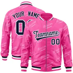 Pink Navy-White Letter Full-Zip Varsity Bomber Jacket