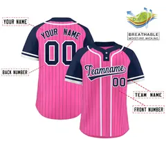 Pink Navy-White Stripe Raglan Two-Button Softball Jersey 2