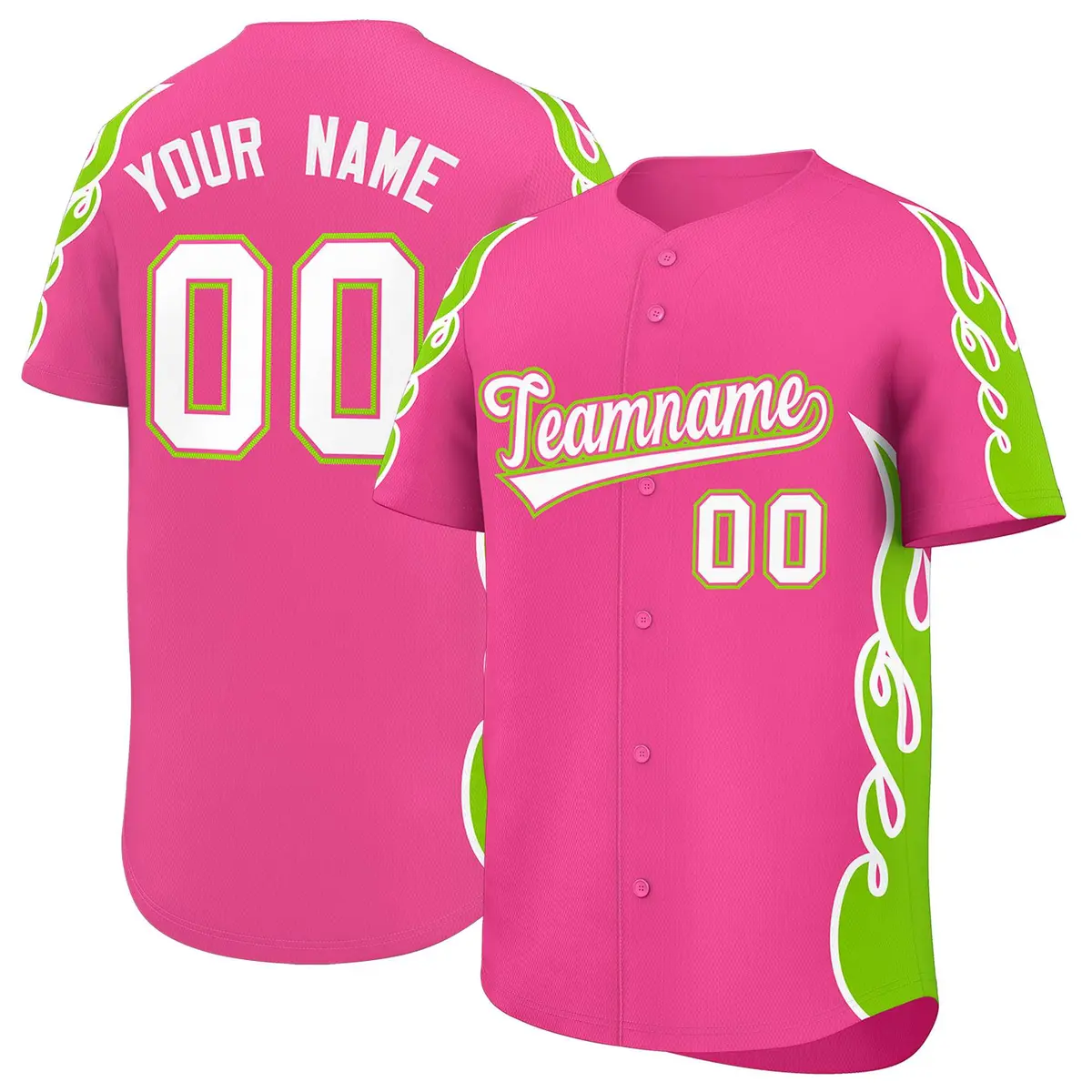 Pink Neon Green Flame Outline Baseball Jersey