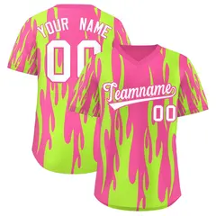 Pink Neon Green Flame Pattern Pullover Baseball Jersey 1