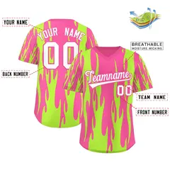 Pink Neon Green Flame Pattern Pullover Baseball Jersey 2