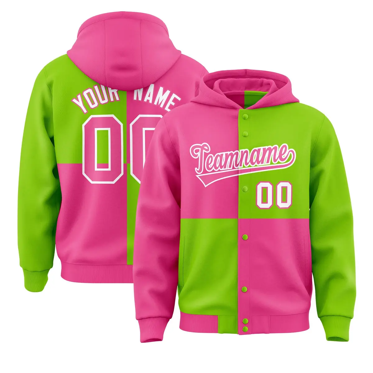 Pink Neon Green Four Squares Color Block Varsity Letterman Hoodie