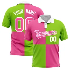 Pink Neon Green Four Squares Performance Polo Shirt
