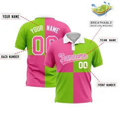 Pink Neon Green Four Squares Performance Polo Shirt 2