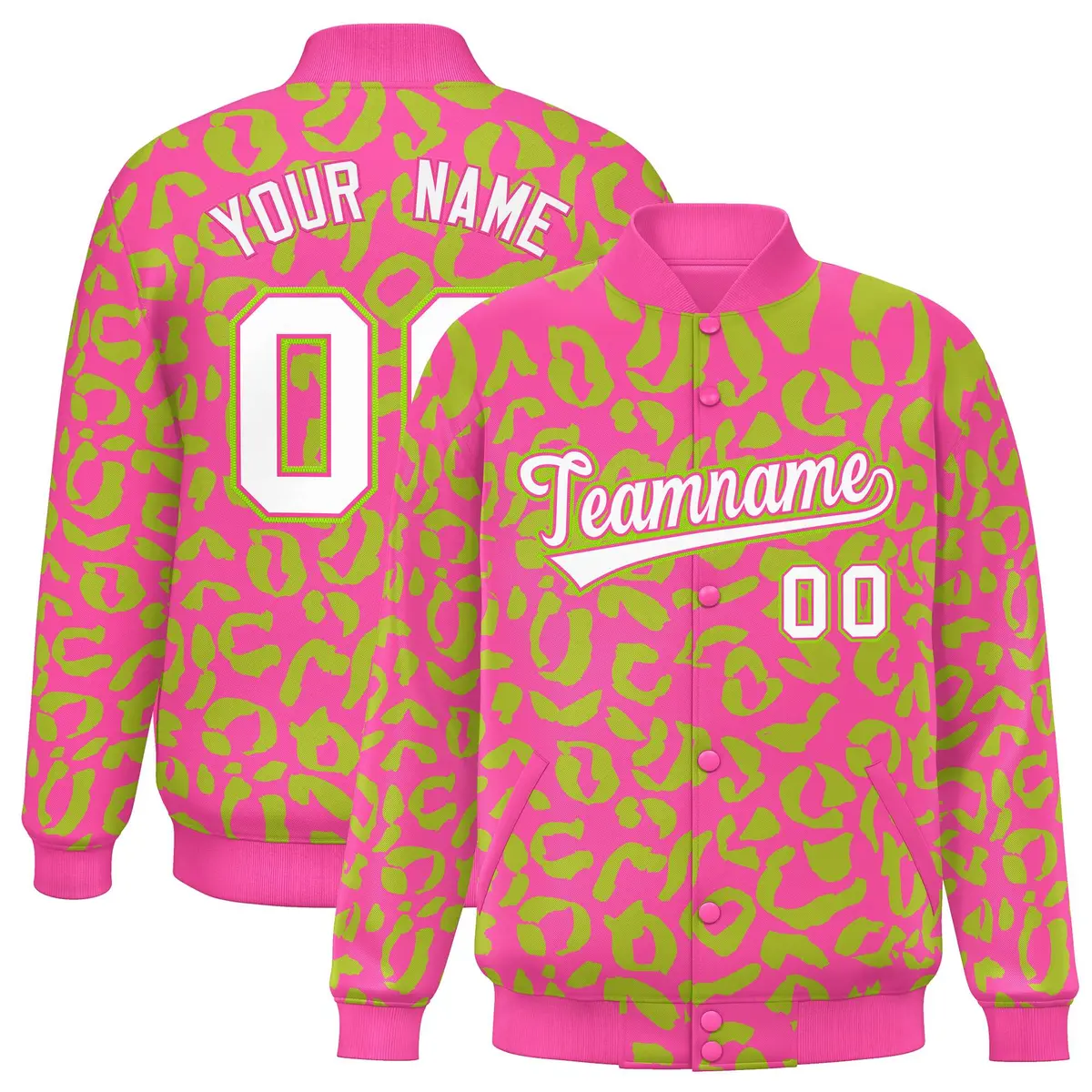Pink Neon Green Full-Snap Leopard Graffiti Varsity Letterman Jacket
