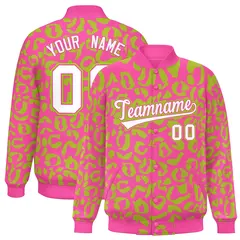 Pink Neon Green Full-Snap Leopard Graffiti Varsity Letterman Jacket 1