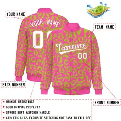 Pink Neon Green Full-Snap Leopard Graffiti Varsity Letterman Jacket 2