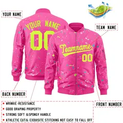 Pink Neon Green Full-Zip Graffiti Splash Varsity Letterman Jacket 2