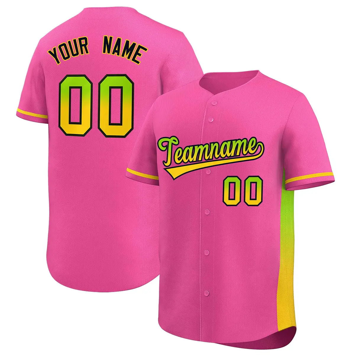 Pink Neon Green-Gold Gradient Side Baseball Jersey