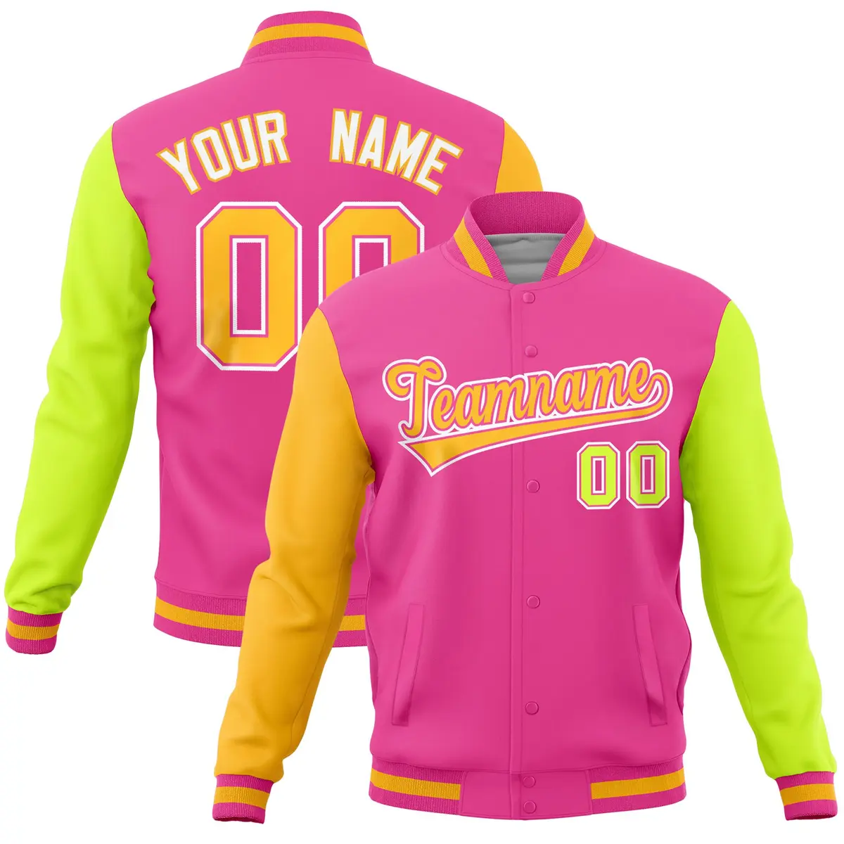Pink Neon Green-Gold Raglan Full-Snap Varsity Letterman Jacket