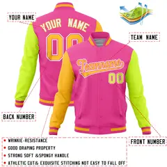 Pink Neon Green-Gold Raglan Full-Snap Varsity Letterman Jacket 4