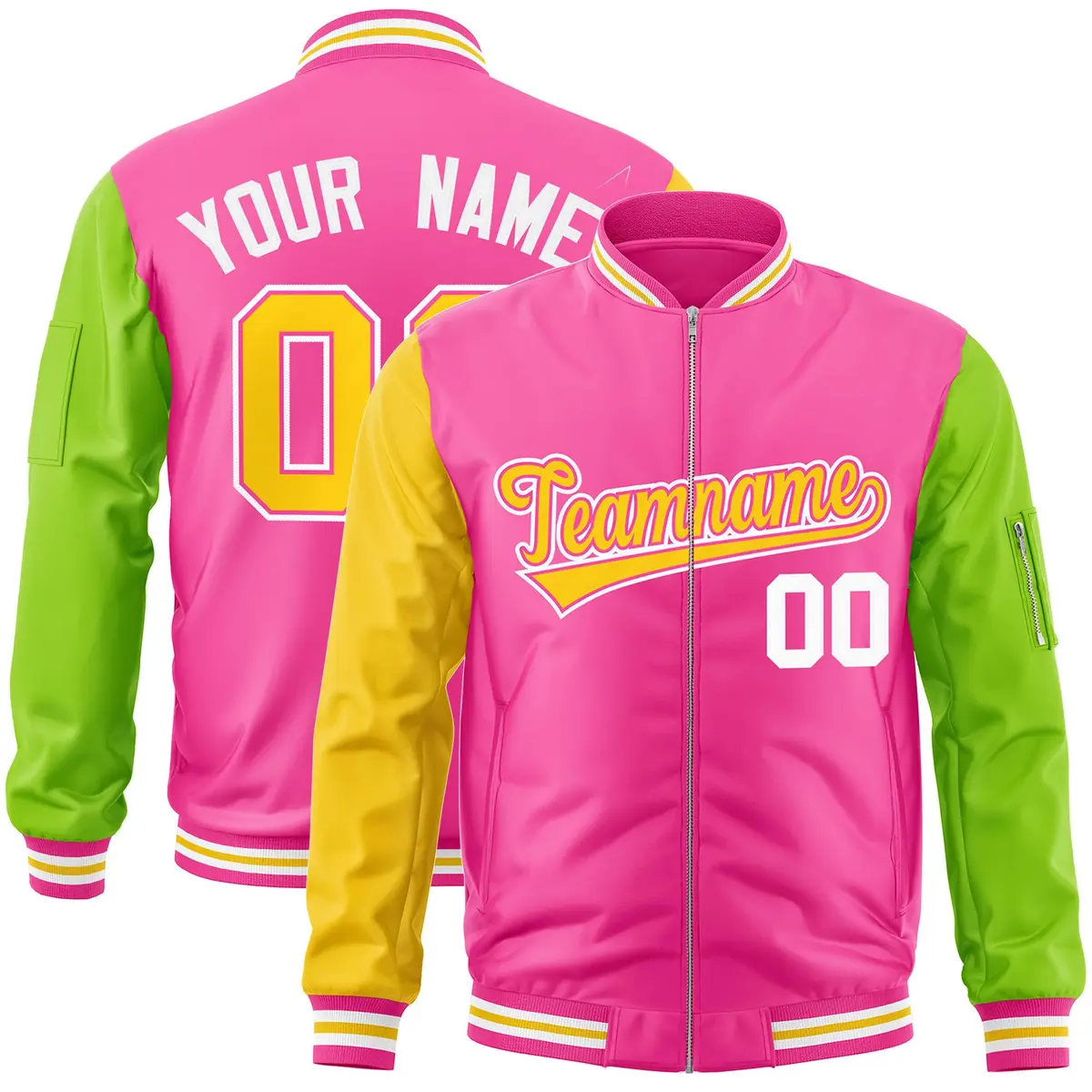 Pink Neon Green-Gold Varsity Full-Zip Raglan Letterman Bomber Jacket