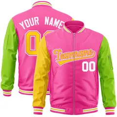 Pink Neon Green-Gold Varsity Full-Zip Raglan Letterman Bomber Jacket