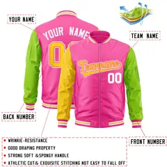 Pink Neon Green-Gold Varsity Full-Zip Raglan Letterman Bomber Jacket 2