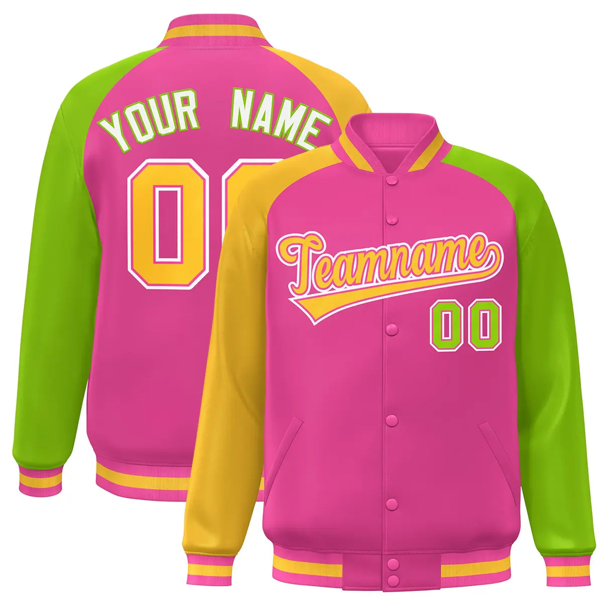 Pink Neon Green-Gold Varsity Raglan Letterman Bomber Jacket