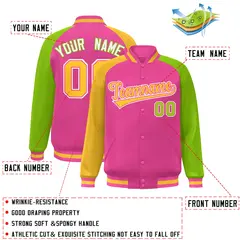 Pink Neon Green-Gold Varsity Raglan Letterman Bomber Jacket 2