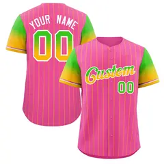 Pink Neon Green Gold-White Stripe Gradient Baseball Jersey