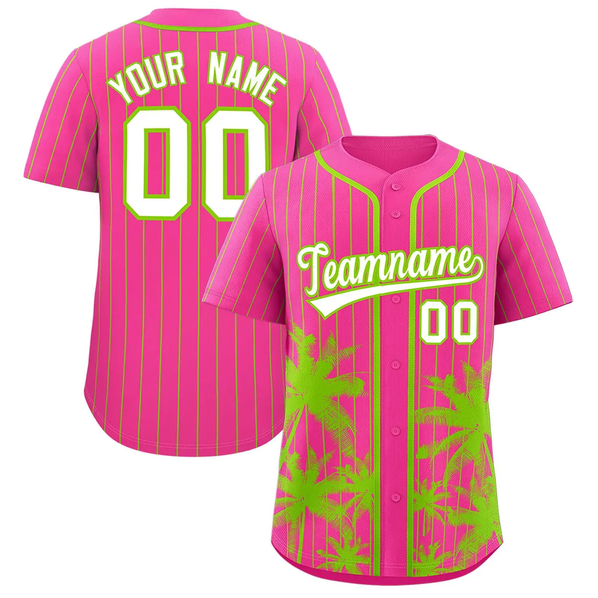 Pink Neon Green Pinstripe Coconut Tree Baseball Jersey