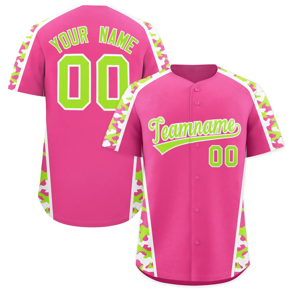 Pink Neon Green Side Camo Baseball Jersey