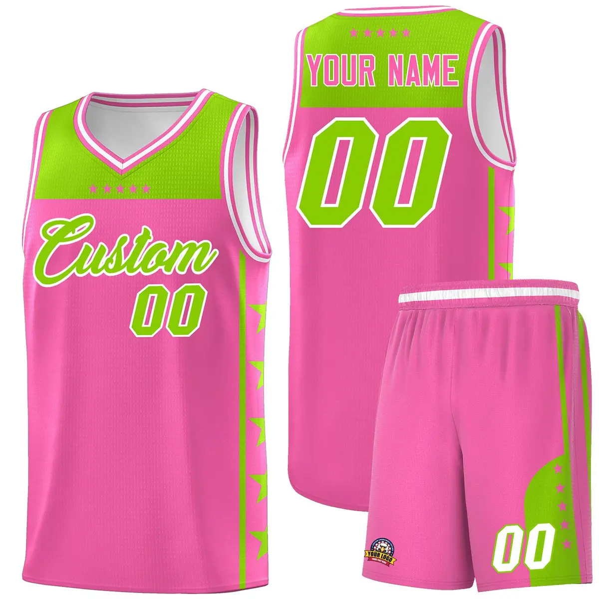 Pink Neon Green Star Pattern Basketball Jersey