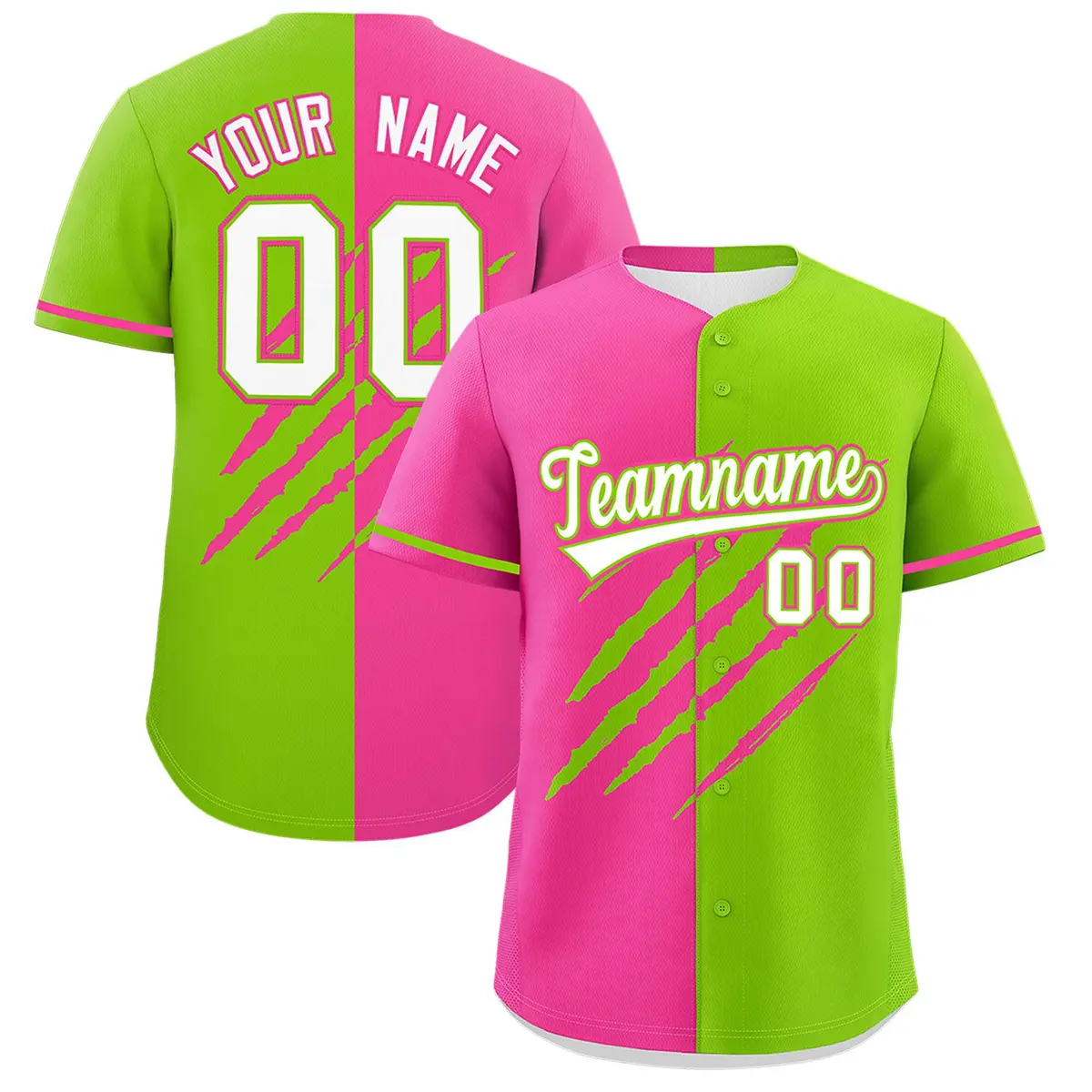 Pink Neon Green Tiger Claw Scratch Split Baseball Jersey