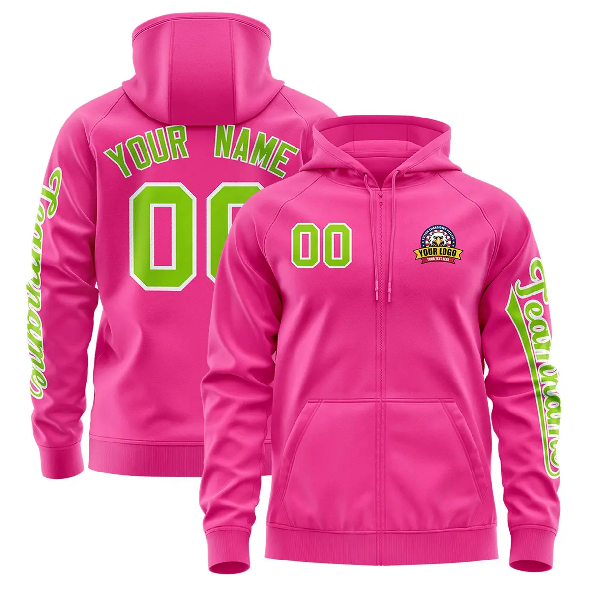 Pink Neon Green Varsity Full-Zip Letterman Jacket Hoodie