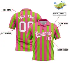 Pink Neon Green Vertical Stripes Performance Polo Shirt 2