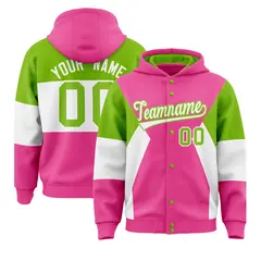 Pink Neon Green White Color Block Varsity Letterman Jacket Hoodie