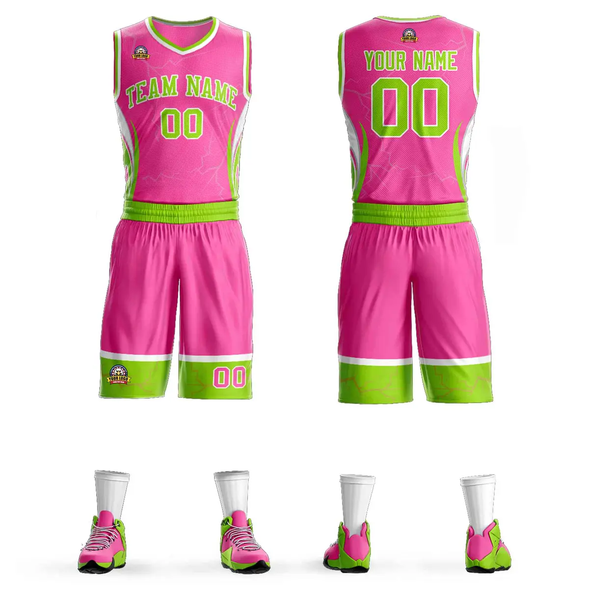 Pink Neon Green-White Graffiti Lightning Basketball Jersey