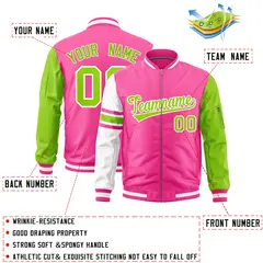 Pink Neon Green-White Varsity Full-Zip Raglan Stripe Letterman Bomber Jacket 2