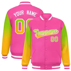 Pink Neon Green-Yellow Gradient Varsity Full-Snap Raglan Baseball Jacket 1
