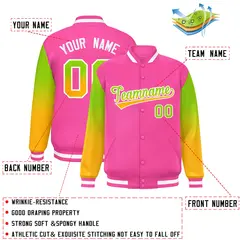 Pink Neon Green-Yellow Gradient Varsity Full-Snap Raglan Baseball Jacket 2