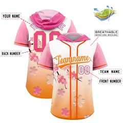 Pink Orange Cherry Blossoms Raglan Hooded Baseball Jersey 2