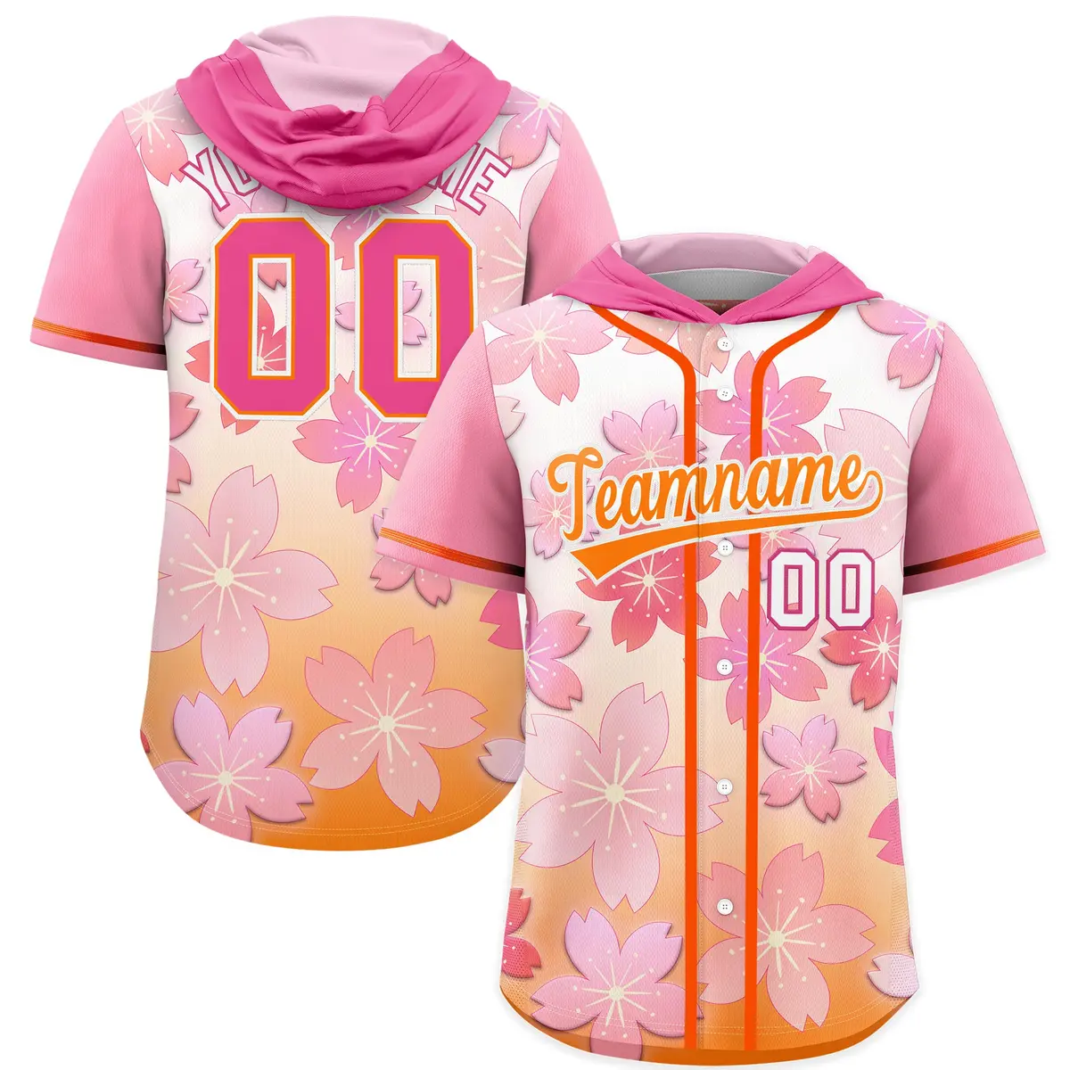 Pink Orange Cherry Blossoms Raglan Hooded Baseball Jersey