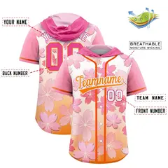 Pink Orange Cherry Blossoms Raglan Hooded Baseball Jersey 2