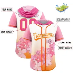 Pink Orange Cherry Blossoms Raglan Hooded Baseball Jersey 2