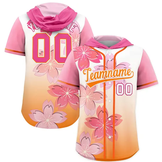 Pink Orange Cherry Blossoms Raglan Hooded Baseball Jersey