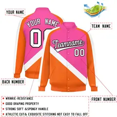 Pink Orange Full-Snap Raglan Letterman Baseball Jacket 2