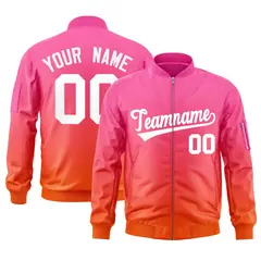 Pink Orange-White Gradient Full-Zip Varsity Letterman Bomber Jacket