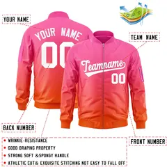 Pink Orange-White Gradient Full-Zip Varsity Letterman Bomber Jacket 2