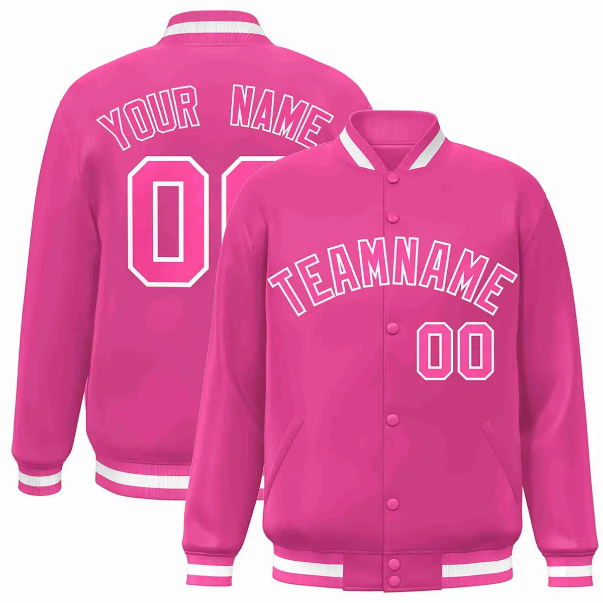Pink Pink-White Full-Snap Varsity Letterman Jacket