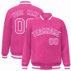 Pink Pink-White Full-Snap Varsity Letterman Jacket