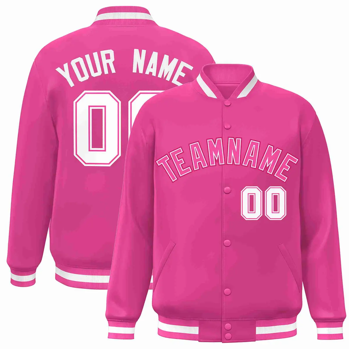 Pink Pink-White Full-Snap Varsity Letterman Jacket