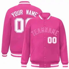 Pink Pink-White Full-Snap Varsity Letterman Jacket