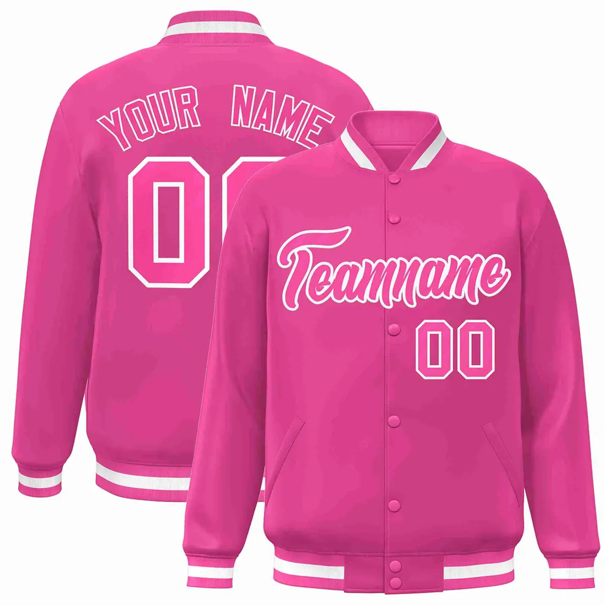 Pink Pink-White Full-Snap Varsity Letterman Jacket