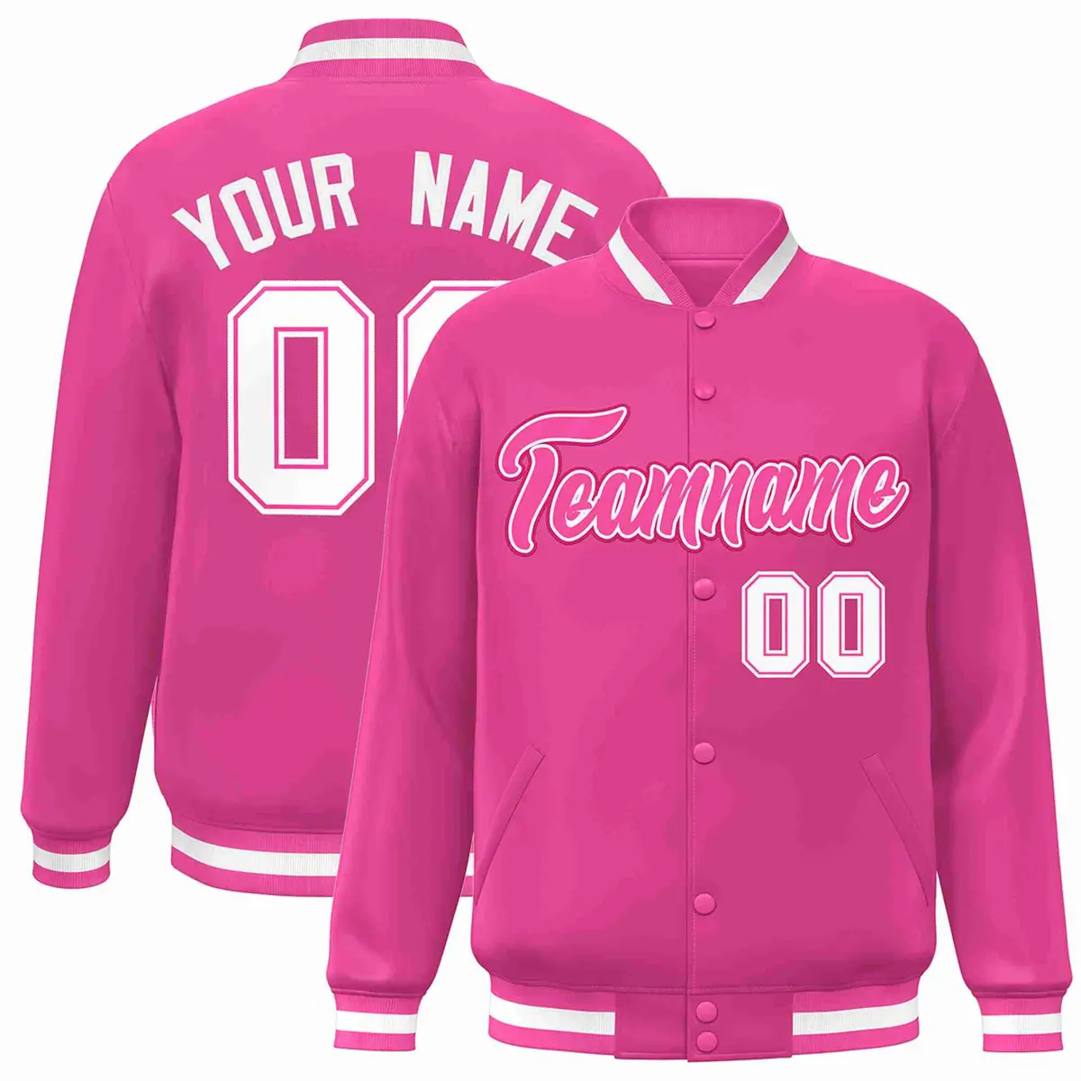 Pink Pink-White Full-Snap Varsity Letterman Jacket