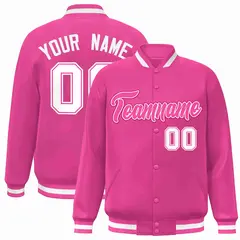 Pink Pink-White Full-Snap Varsity Letterman Jacket