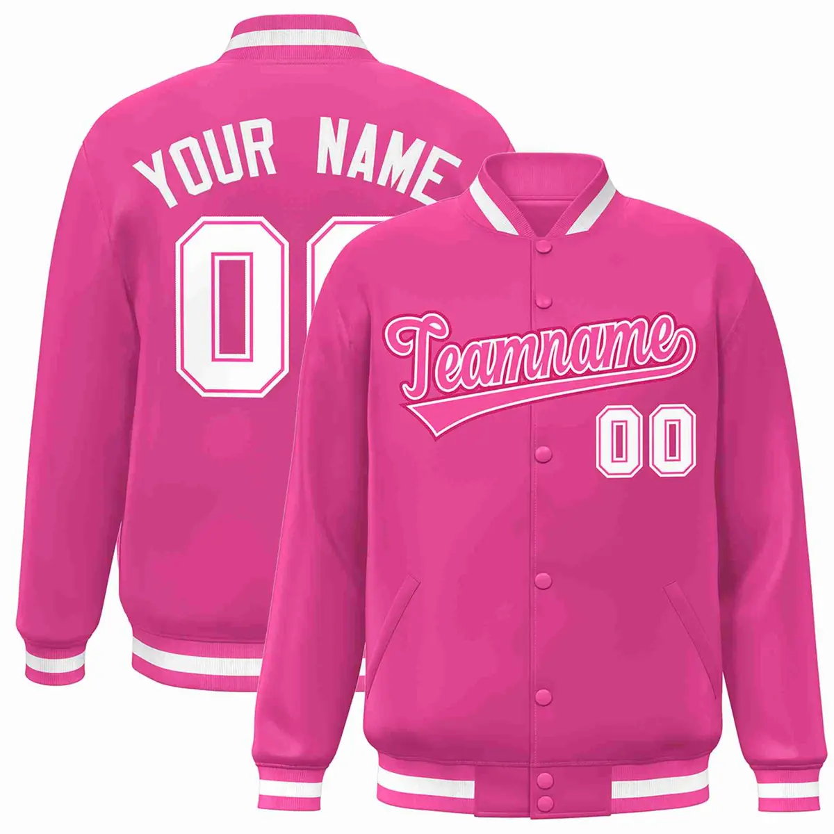 Pink Pink-White Full-Snap Varsity Letterman Jacket