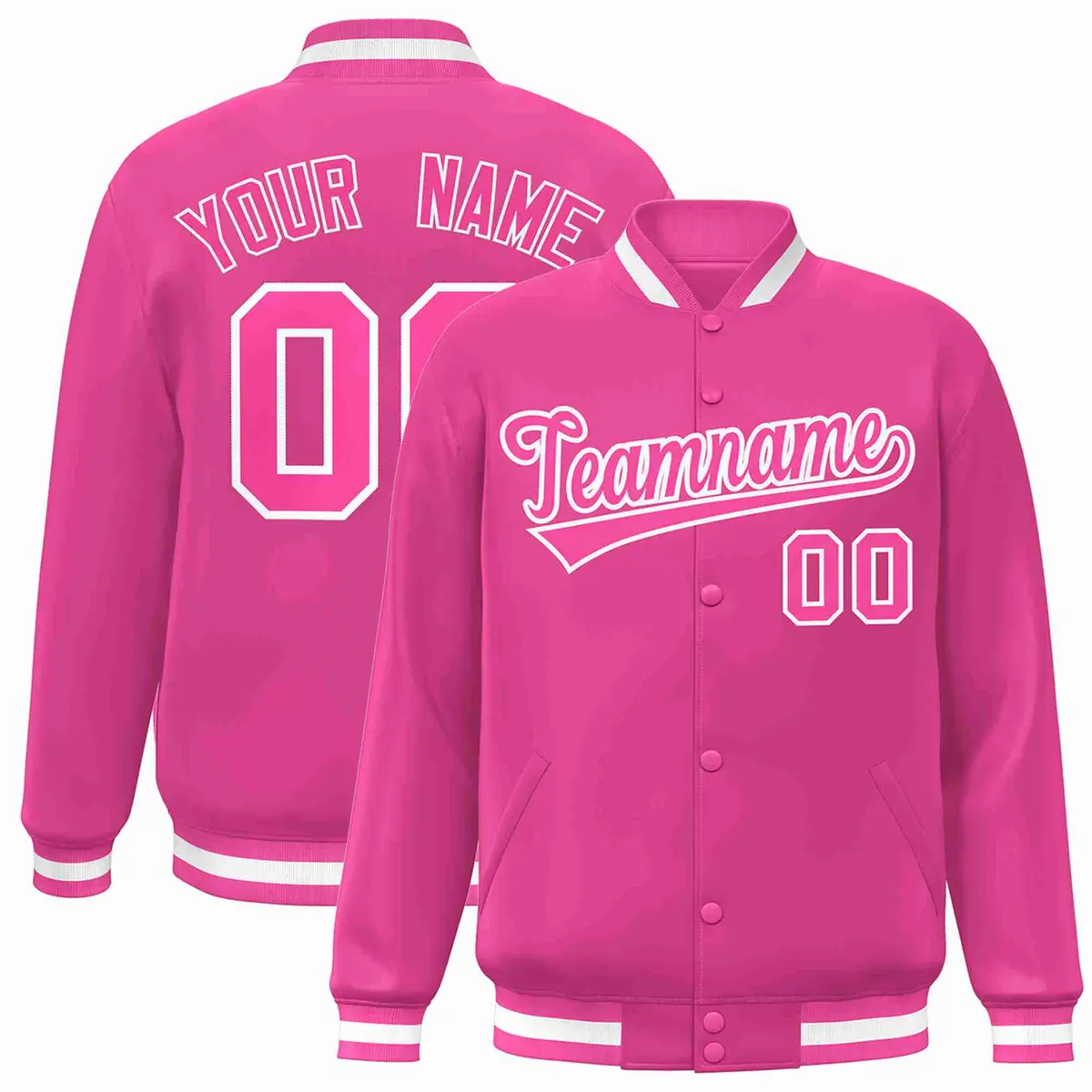 Pink Pink-White Full-Snap Varsity Letterman Jacket