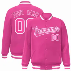 Pink Pink-White Full-Snap Varsity Letterman Jacket
